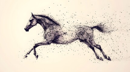 Running Horse from Lines: A dynamic image of a galloping horse, its powerful form outlined by flowing lines and clusters of dots representing its muscles.
