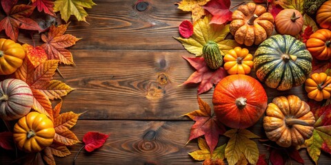 Fototapeta premium Autumnal Thanksgiving pumpkin background with colorful leaves and gourds