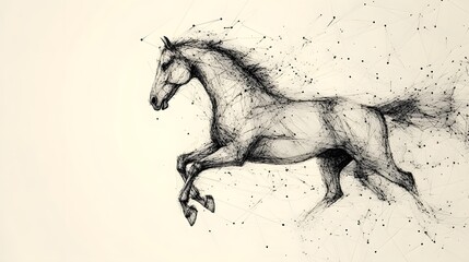 Fototapeta premium Running Horse from Lines: A dynamic image of a galloping horse, its powerful form outlined by flowing lines and clusters of dots representing its muscles. 