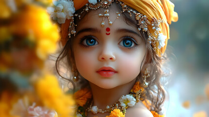 A young girl adorned in traditional attire, surrounded by vibrant flowers.