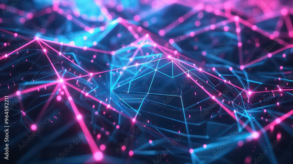 Poster abstract background with glowing pink and blue lines and dots forming a mesh-like structure.