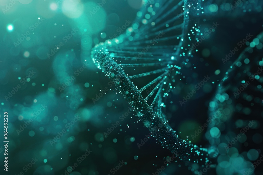 Poster abstract representation of dna structure with glowing particles in a deep teal background