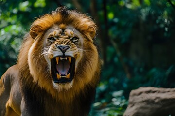 angry lion in jungle