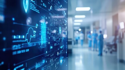 Fototapeta premium Close-up of a digital health platform showing cloud-stored records, focus on health metrics, blurred tech interface background, soft lighting.