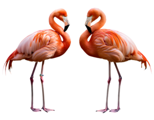 A collection of nicely positioned pink flamingos that are carved out  