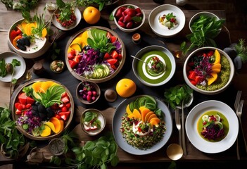 vibrant showcase colorful plant based dishes lively settings diverse ingredients textures, vegetable, fruit, plate, cuisine, meal, garden, presentation