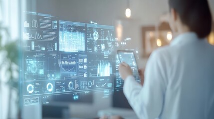 Close-up of a digital health dashboard showing virtual consultations and real-time data, blurred modern home office in the background.