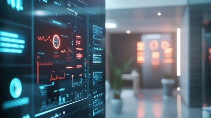 Obraz premium Close-up of a holographic display showing patient health data synced to the cloud, focus on glowing interface, blurred modern office background.