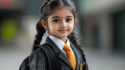 A young girl in a school uniform with a backpack, smiling confidently outdoors.