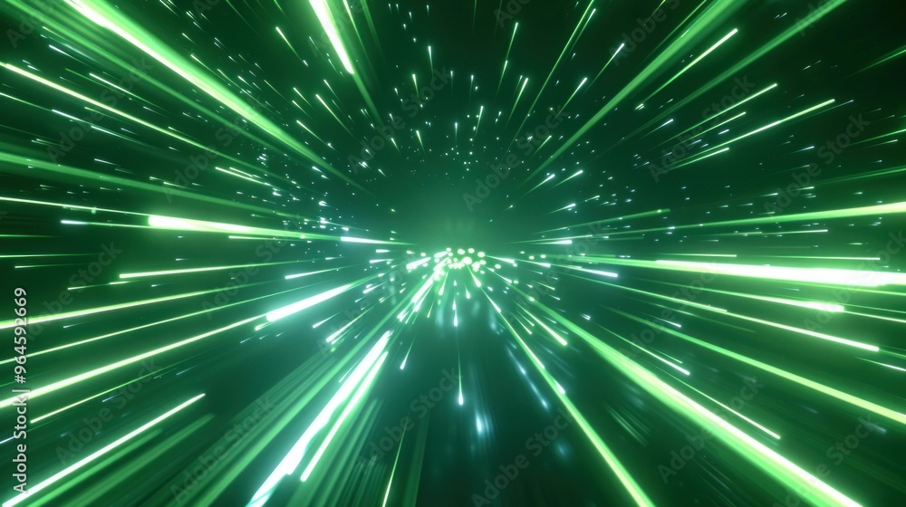 Poster futuristic green abstract background with radiant light beams extending towards the viewer, creating