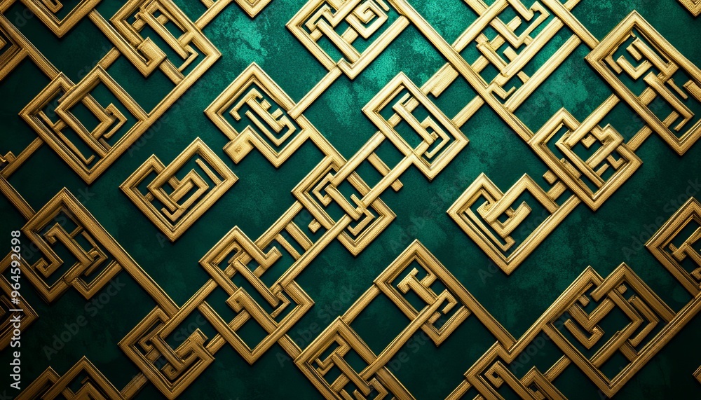 Poster a decorative pattern featuring interwoven golden lines on a teal background, creating a visually str