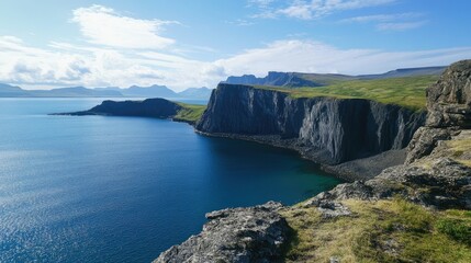 Fototapeta premium The iconic view of the Sgsvatn lake, perched above the ocean on the island of