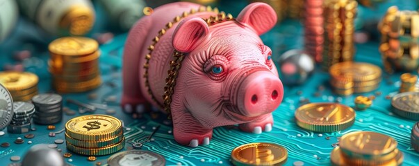 Obraz premium Digital Piggy Bank Surrounded by Coins on a Circuit Board Representing Modern Investment Concepts and Financial Technology