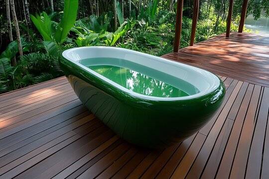 Outdoor bathtub, minimalist design, modern elegance blends simplicity and sophistication for a sleek, open-air bathing experience