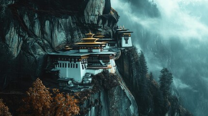 The iconic view of Tiger's Nest Monastery, with its white walls and golden roofs contrasting against the dark cliffs.