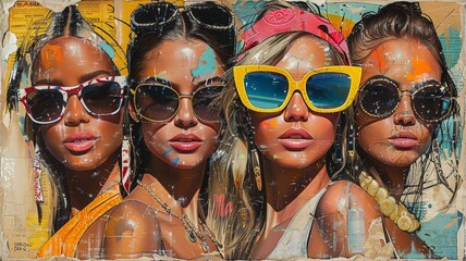 Vibrant Collage Art of Four Stylish Women with Sunglasses in a Modern Pop Art Style