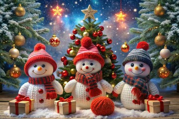 snowman and christmas tree