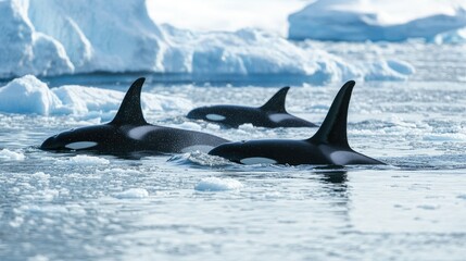 Fototapeta premium The icy waters of Antarctica, with a group of orcas swimming near the edge of the ice.