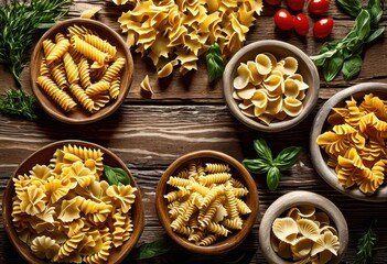 Fototapeta premium colorful pasta arranged beautifully rustic wood showcasing variety shapes sizes natural presentation, backdrop, vibrant, display, arrangement, italian