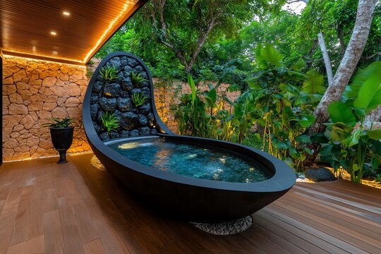 Outdoor bathtub, secluded courtyard, private indulgence creates a personal space for relaxation surrounded by walls of greenery or stone
