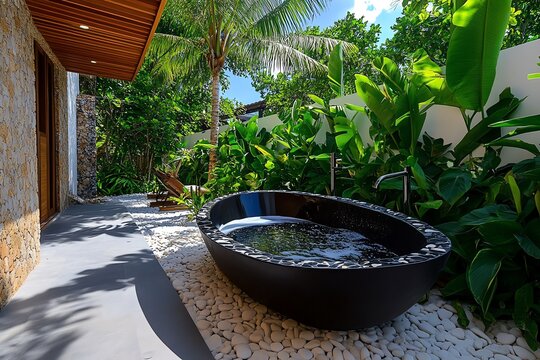 Outdoor bathtub, secluded courtyard, private indulgence creates a personal space for relaxation surrounded by walls of greenery or stone