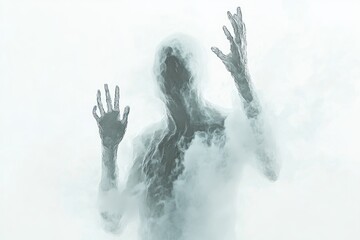 A ghostly figure with hands raised, standing behind white frosted glass, on a white background