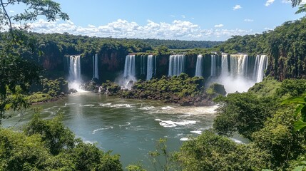 Fototapeta premium The Iguazu Falls as seen from the Argentinian side, with the waterfalls stretching across the horizon and surrounded by lush greenery.