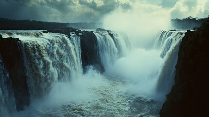 Fototapeta premium The Iguazu Falls as seen from the Devil Throat, with the powerful water crashing into the river below.
