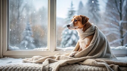 Adorable dog in a cozy blanket sitting by the window, watching the snowfall outside