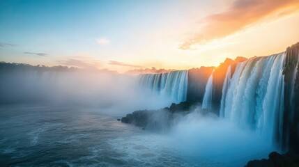 The Iguazu Falls at sunrise, with the waterfalls glowing in the soft morning light and mist rising from the water.