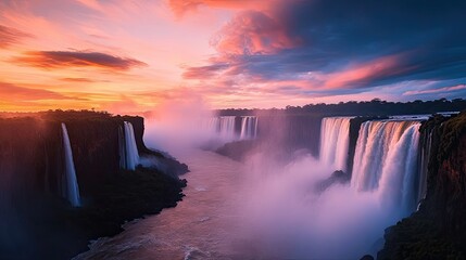 The Iguazu Falls at sunset, with the sky ablaze with color and the waterfalls casting long shadows and mist rising from the water.