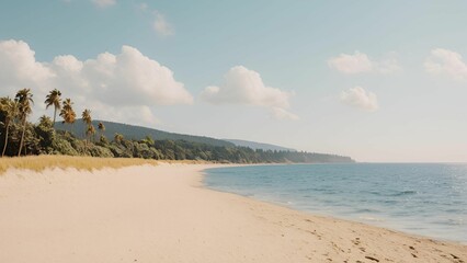 Obraz premium Secluded Paradise: A tranquil beach stretches out before you, its soft white sand kissed by the azure waters of the ocean. Palm trees sway gently in the warm breeze.