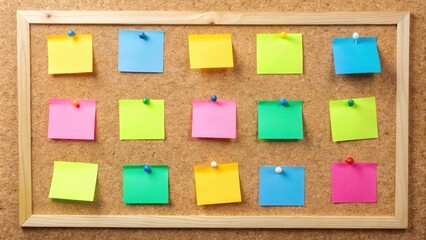 A corkboard with colorful note papers, labels, and post-its for messages and reminders