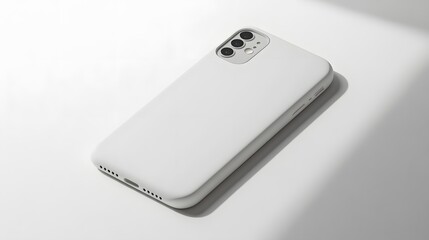 Fototapeta premium Simple Phone Case: A plain, white phone case with a minimalist design, lying flat on a white background, with crisp shadows for definition. 