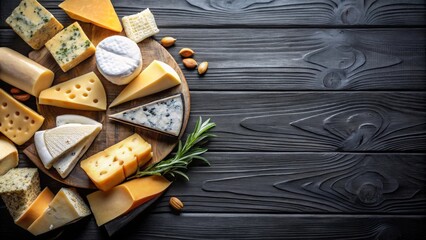 Variety of cheeses displayed on a black wooden table from top view