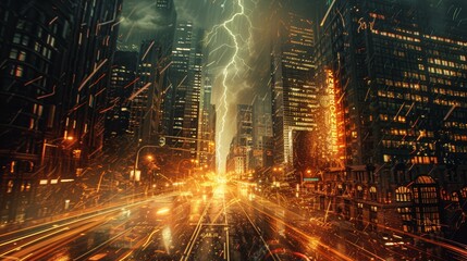 Urban Cityscape with Lightning and Traffic Representing Risk Mitigation in Modern Business Environments