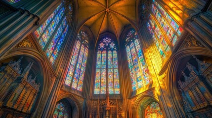 Obraz premium The interior of the St. Vitus Cathedral in Prague, showcasing its stunning Gothic architecture and stained glass windows.