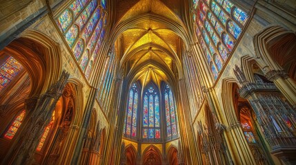 Obraz premium The interior of the St. Vitus Cathedral in Prague, showcasing its stunning Gothic architecture and stained glass windows.