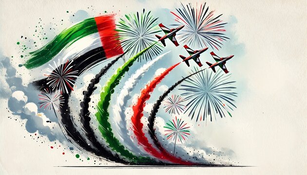 UAE national day celebration background with jets in grunge style.