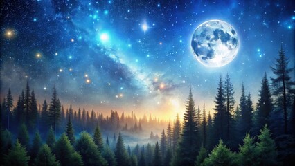 Starry night landscape with dense forest, bright moon, and twinkling stars