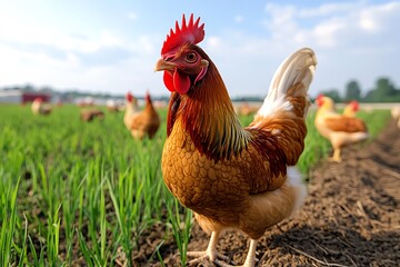 Fototapeta premium Poultry farm, free-range roosters, balancing the flock ensures a healthy balance in the flock, allowing roosters to protect and lead the hens
