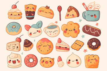 Donuts, cupcakes, chocolate rolls cute food with emoji seamless background illustration for greeting cards, invitation cards, baby t-shirts