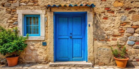 Blue door in a traditional Turkish village setting