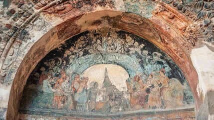 Fototapeta premium The intricate details of a fresco inside a Bagan temple, showing scenes from Buddhist mythology.