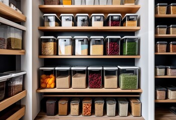 neatly arranged clear storage bins organized pantry showcasing efficient space utilization accessibility, containers, organization, shelves, management