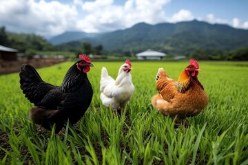 Poultry farm, multi-species flocks, biodiversity on the farm raises chickens, ducks, and turkeys together, creating a diverse and balanced ecosystem