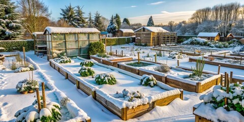 Winter vegetable garden covered in snow in the UK