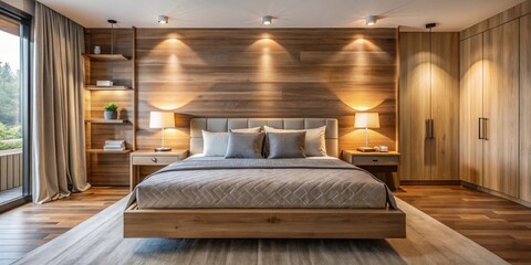 Empty double bed and lamp surrounded by wooden boards in luxurious natural style bedroom