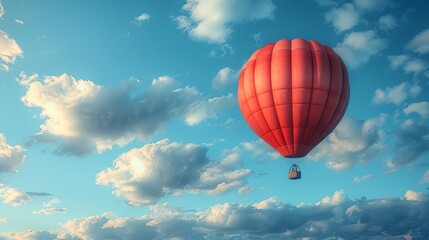 Fototapeta premium Red Hot Air Balloon Floating Amongst Fluffy Clouds in a Clear Blue Sky During a Sunny Day