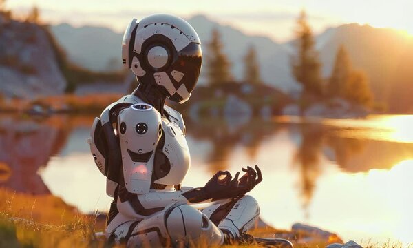 A serene robot meditating by a tranquil lakeside during sunset in nature